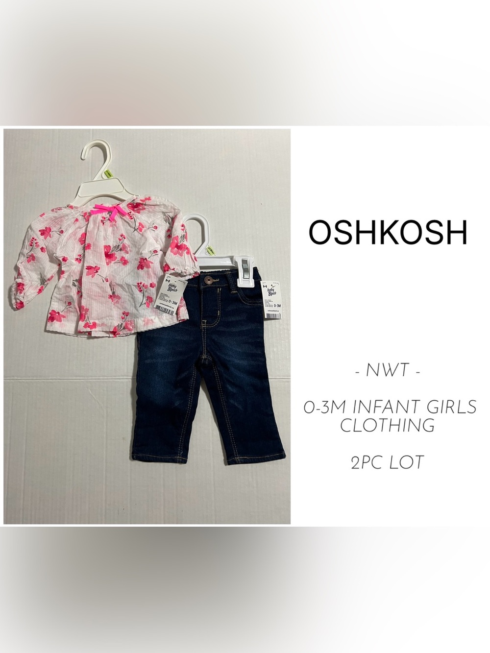 OSHKOSH - 0/3M - NWT - INFANT GIRLS 2PC FLORAL SHIRT AND DENIM PANT OUTFIT LOT